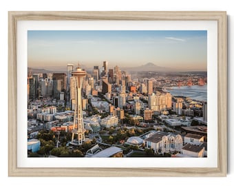 Seattle Skyline Photography Print, Urban Wall Art, Modern Architecture Framed Artwork for Office Decor