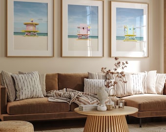 Miami Beach Art Deco Print Set: Lifeguard Tower Coastal Gallery Wall for Beach House Decor