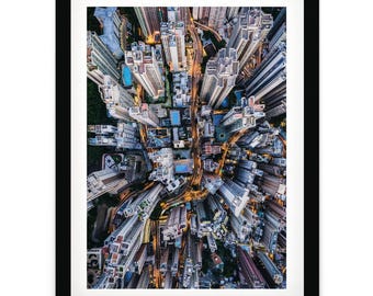 Framed Urban Wall Art, Hong Kong Aerial Photography Print, Futuristic Artwork