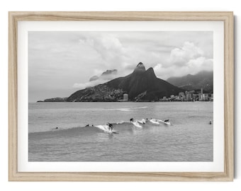 Black and White Surf Wall Art, Ipanema Beach Surfers Photo Print, Rio de Janeiro Coastal Wall Art, Vintage Ocean Print