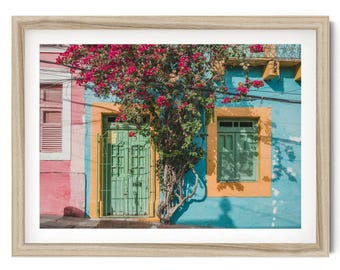 Bougainvillea Wall Art, Green Door Photography Print, Pink Flower Coastal Decor, Mediterranean Wall Art