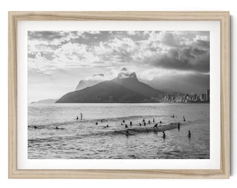 Ocean Wall Art: Ipanema Surf Photography, Rio de Janeiro Black And White Coastal Wall Art, Vintage Framed Beach Print