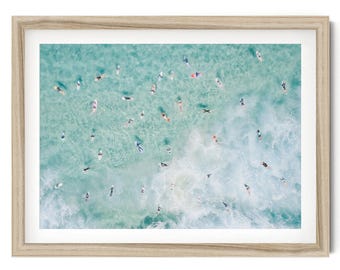 Surf Wall Art, Aerial Ocean Photography Print, Surfers Paddling Out Photo, Coastal Wall Decor