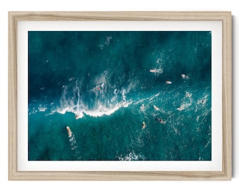 Framed Surf Wall Art, Aerial Ocean Photography Print, Hawaii Beach Decor, Coastal Living Room Art, Minimalist Ocean Print