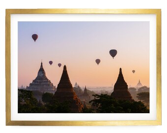 Bagan Myanmar Print: Hot Air Balloons & Pagodas Framed Wall Art, Oriental Home Decor