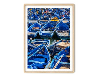 Boote Druck, Blaue Wandkunst, Fischerboote Wandkunst, Marokko Fotografie, Gerahmte Wandkunst, Fine Art Fotografie Extra großes Kunstwerk