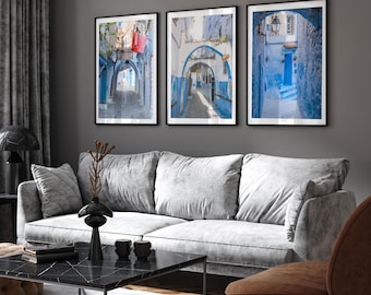Blue Moroccan Archway Photography Print Set of 3: Framed Morocco Wall Art, Arabic Home Decor