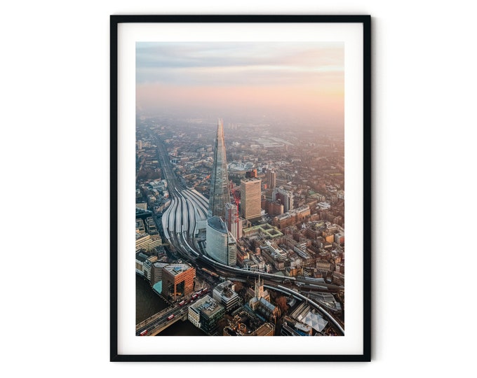 London Wall Art, The Shard Photo Print, UK City Sunset Aerial Photography, Framed Artwork, Fine Art Photography, Large Size Gift for Him