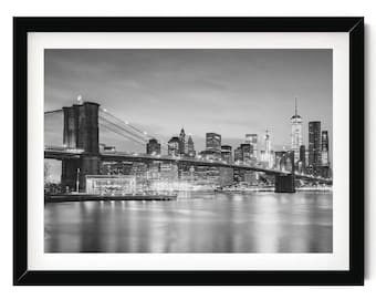 New York Wall Art: Brooklyn Bridge at Night Print, NYC Skyline Photography, Framed New York City Print for Living Room and Office