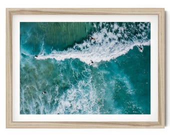 Coastal Wall Art Ocean Print, Aerial Surf Wall Art, Framed Surfer Photography for Beach House Decor