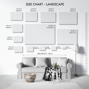 The image is a size chart for landscape paintings, displaying the dimensions of various canvas sizes ranging from 24x16 to 36x24 inches.