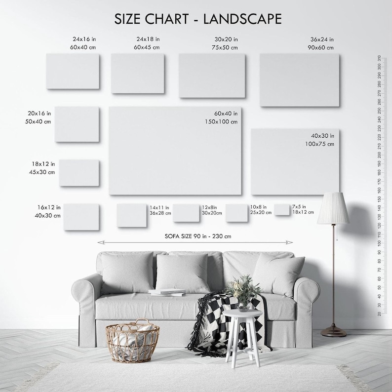 The image is a size chart for landscape paintings, displaying the dimensions of various canvas sizes ranging from 24x16 to 36x24 inches.