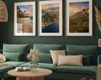 Zestaw wydruków fotograficznych z Hawajów: Fototapeta z motywem zachodu słońca na wybrzeżu Maui, Oahu i Kauai