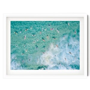 Ocean Print with Surfers, Surf Wall Art, Aerial Ocean Photography, Paddle Out Surf Poster, Minimalist Artwork, Fine Art Photo Gift for Him