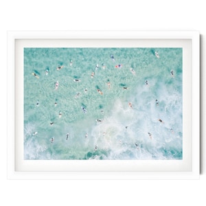 Ocean with Surfers Photography Print, Aerial Surf Wall Art, Paddle Out Coastal Decor