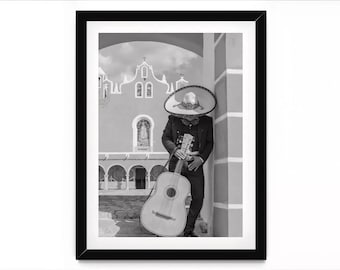 Meksykański Mariachi, czarno-biały wydruk artystyczny: Meksykańska fotografia, dekoracja ścienna Hacienda