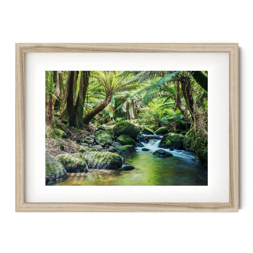 Green Forest River with Trees and Mountain. 3 Piece Wall Art