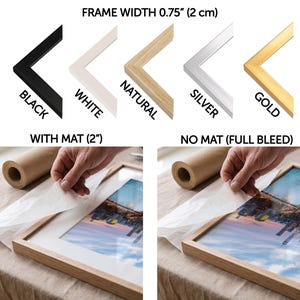 The image is a collage of two photographs depicting the process of framing a picture. The first photograph shows a hand placing a mat over a black frame, while the second photograph shows a hand placing a mat over a gold frame. The mat is used to protect the picture and provide a clean, professional look for the framed artwork.