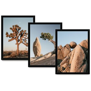The image is a collage of three framed photographs depicting various desert landscapes, including a large rock formation, a tree, and a rocky outcropping.