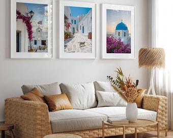 Santorini & Paros Griechenland Poster Set: Mediterrane Wandkunst, Küstenfotografie mit Rahmen