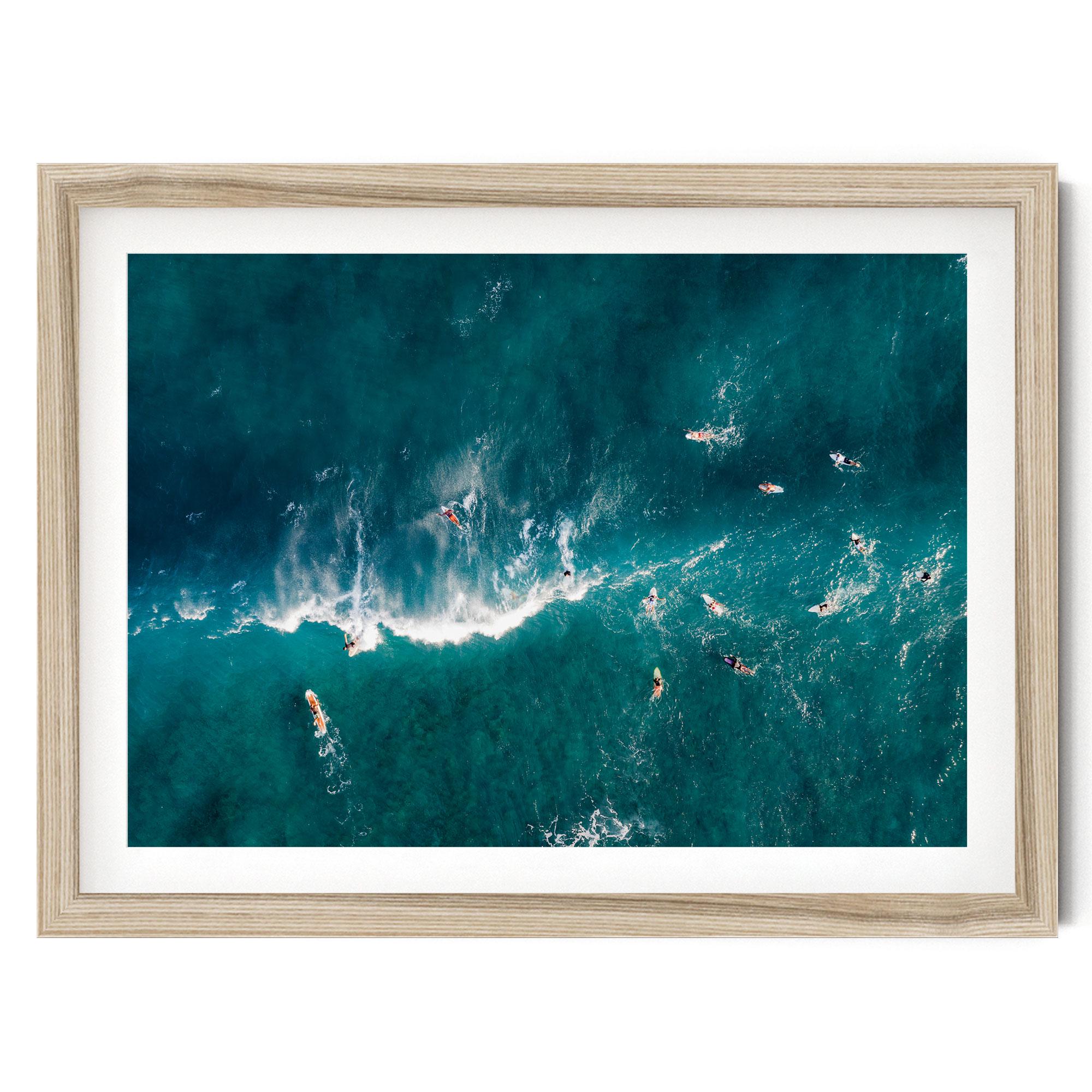 Aerial Ocean Print, Surf Wall Art, Hawaii Surfers Art Print, Beach Home Decor, Minimalist Framed Poster, Fine Art Photography, Gift for Him