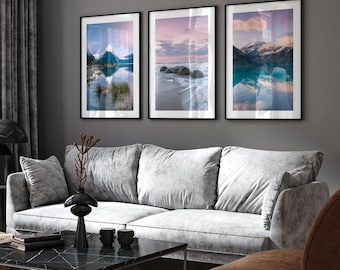New Zealand Set of 3 Prints, Milford Sound, Moeraki Boulders, Mount Cook Photos, NZ Framed Wall Art, Fine Art Photography, Very Large Gift