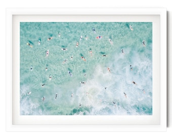 Ocean with Surfers Photography Print, Aerial Surf Wall Art, Paddle Out Coastal Decor