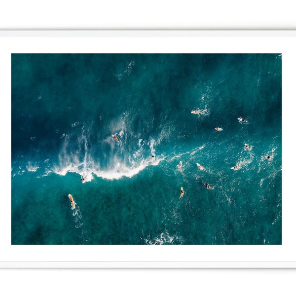 Aerial Ocean Print, Surf Wall Art, Hawaii Surfers Art Print, Beach Home Decor, Minimalist Framed Poster, Fine Art Photography, Gift for Him