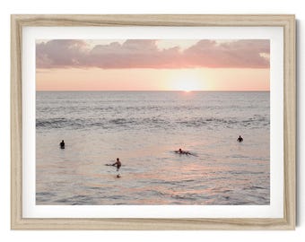 Surf-Print, Sonnenuntergangs-Wandbild mit Ozeanmotiv, Küsten-Wanddeko, gerahmtes minimalistisches Strand-Wandbild, Geschenk für Surfer