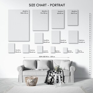 The image is a size chart for portrait-sized artworks, providing the dimensions of various canvas sizes ranging from 40x50 to 500x50 cm.