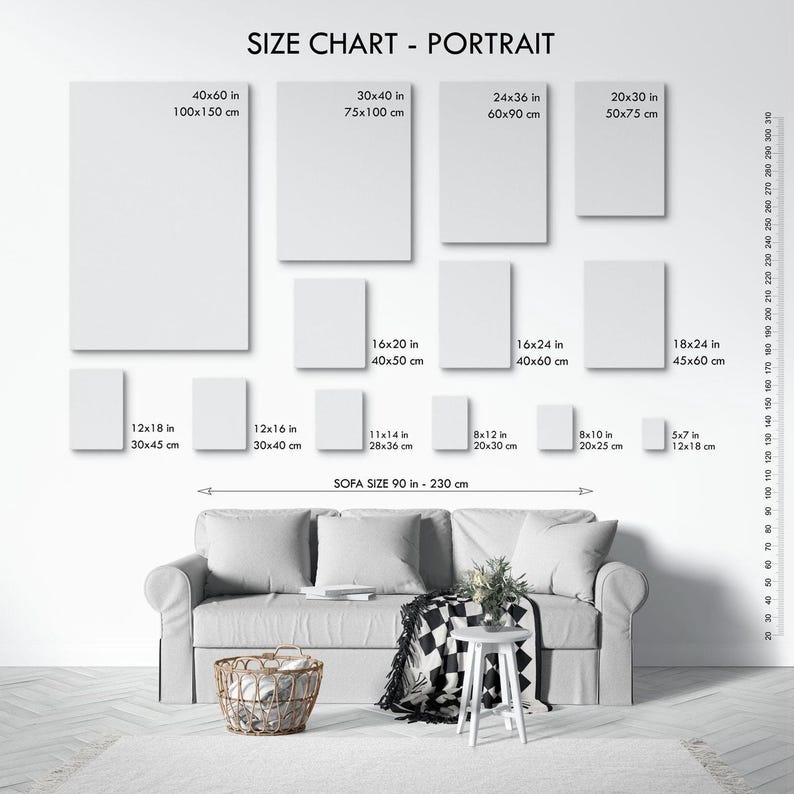 The image is a size chart for portrait-sized artworks, providing the dimensions of various canvas sizes ranging from 40x50 to 500x50 cm.
