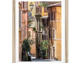 Rome Street Photography Print: Pastel Houses, Framed Italy Wall Art for Boho Home Decor