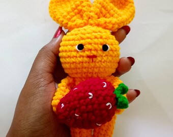 Cute Handmade Crochet Yellow Bunny With a Strawberry On her hand