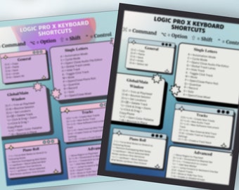 May include: Two Logic Pro X keyboard shortcut cheat sheets. One is blue with white text and the other is purple with white text. Both sheets have the same layout and include sections for General, Single Letters, Global/Main Window, Tracks, Piano Roll, and Advanced.