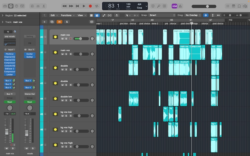 May include: A screenshot of a digital audio workstation (DAW) with multiple audio tracks. The tracks are labeled "main vox", "double", "double low", "bg vox low", "bg vox high", and "bg vox high". The tracks are arranged in a timeline format, with the time signature displayed at the top of the screen. The DAW is in a dark mode interface.