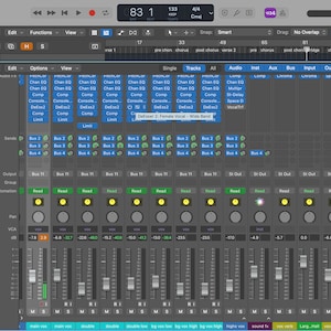 May include: A screenshot of a digital audio workstation (DAW) interface showing a mixer with multiple channels, faders, and knobs. The text "DeEsser 2: Female Vocal - Wide Band" is visible on the screen.