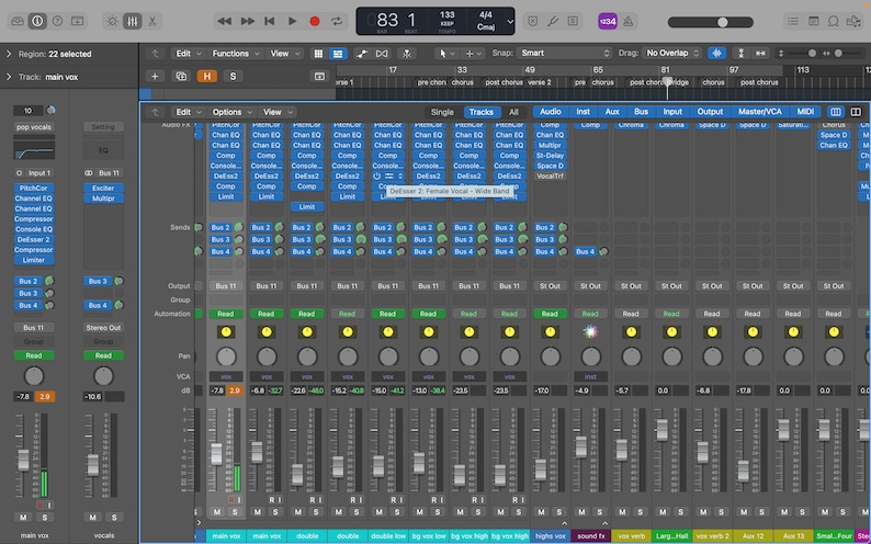 May include: A screenshot of a digital audio workstation (DAW) interface showing a mixer with multiple channels, faders, and knobs. The text "DeEsser 2: Female Vocal - Wide Band" is visible on the screen.