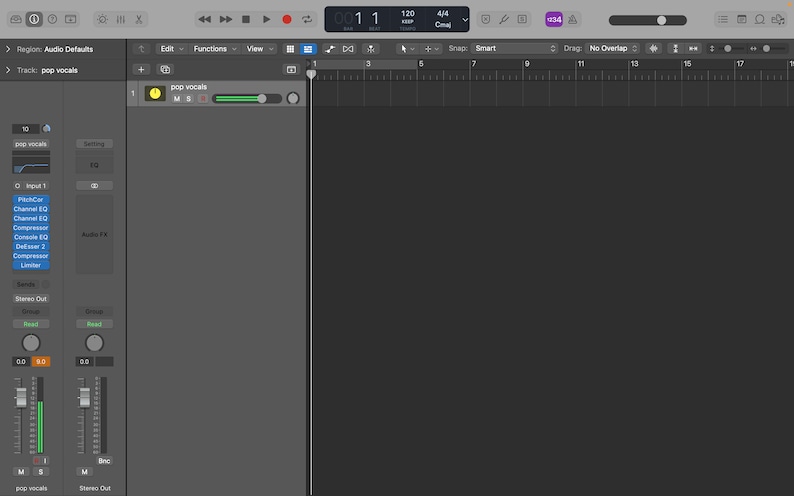May include: A screenshot of a digital audio workstation (DAW) interface showing a single audio track labeled "pop vocals". The track is selected and has a green volume fader and a yellow volume knob. The track is in a timeline with numbered bars and beats.