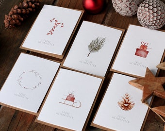 6-er Set Weihnachtskarten handgemalt  |  nachhaltig Grußkarten Weihnachten  |  Set Christmascards  |  Aquarell-Faltkarte  |  süße Weihnacht