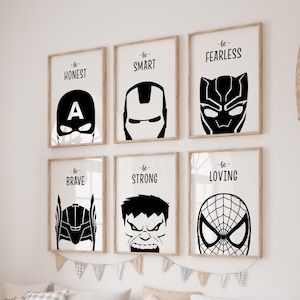 Be Brave, Avengers Wall Art, Set of 6, Superhero Poster, Superhero Wall Art, Monochrome Superhero Prints, Black and White Superhero Print