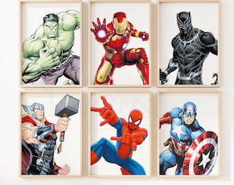Superheroes Wall Art, Kids Room Decor, Set of 6 Prints, Avengers, Printed Prints