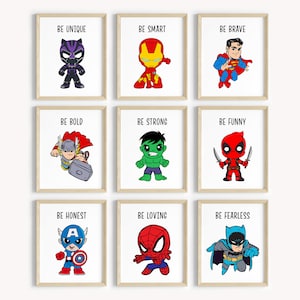 Superhero Prints For Little Boys Bedroom, Be Brave, Set of 9, Superhero Affirmations Wall Art, Boy Bedroom Decor, Super heroes Wall Art
