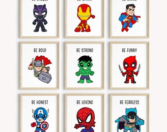 Prints met superheldaffirmaties, set van 9, motiverende muurkunst, digitale download