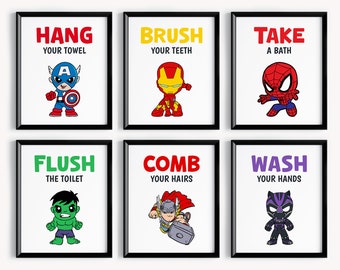スーパーヒーローをテーマにした子供用バスルームルールプリント、6枚セット、スーパーヒーロー柄（デジタルダウンロード）