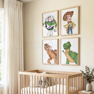 May include: Four framed watercolor prints featuring characters from the Toy Story movie. The prints include Buzz Lightyear, Woody, Bullseye, and Rex. The prints are displayed above a wooden crib in a nursery setting.