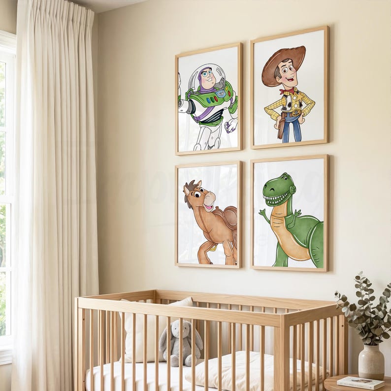 May include: Four framed watercolor prints featuring characters from the Toy Story movie. The prints include Buzz Lightyear, Woody, Bullseye, and Rex. The prints are displayed above a wooden crib in a nursery setting.