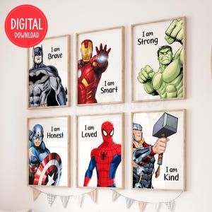Superhero &#39;I AM&#39; Affirmations Digital Posters, Set of 6 Prints, Superhero Wall Art, Superhero Prints, Superhero Posters, Digital Download