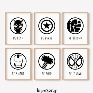 Superhero Affirmation set of 6, Be Strong, Black and White, Be Kind, Superhero Nursery, Superhero Prints For Little Boys, Digital Download