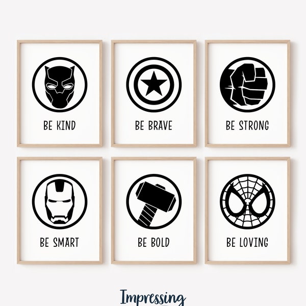 Superhero Affirmation set of 6, Be Strong, Black and White, Be Kind, Superhero Nursery, Superhero Prints For Little Boys, Digital Download