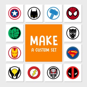 Crea un conjunto: símbolos de superhéroes, decoración de dormitorios de niños, símbolos de superhéroes, arte mural de superhéroes, decoración de pared de habitación de niños, descarga digital